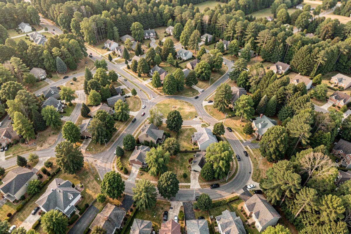 A map-style overhead view of a suburban street grid with cul-de-sacs and tree cover in north Georgia.